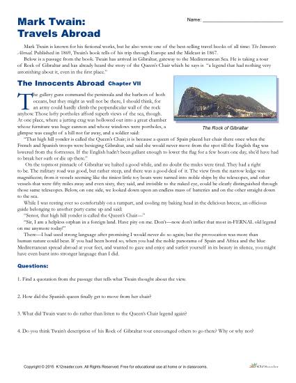 Reading Comprehension Worksheet - Mark Twain