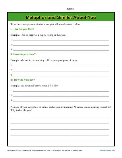 Metaphor and Simile - About You -Free, Printable Worksheet Lesson Activity