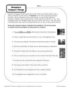 Metaphors Compare Things - Worksheet Practice Activity