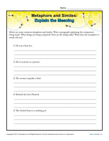 Metaphors and Similes - Explain the meaning - Free, Printable Worksheet Lesson Activity