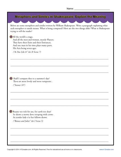 Metaphors and Similes in Shakespeare - Free, Printable Worksheet Activity