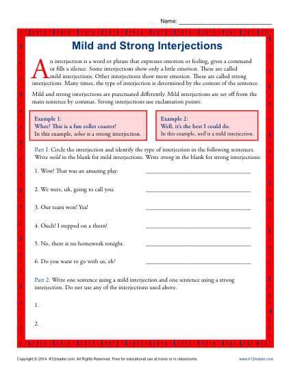 Mild and Strong Interjections - Worksheet Practice Activity