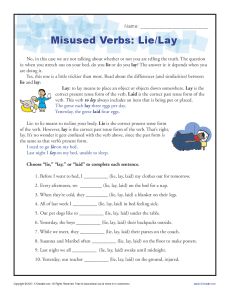 Misused Verbs Printable Activity - Lie and Lay