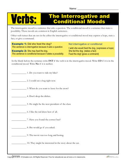 Verb Practice Worksheet - Interrogative and Conditional Moods
