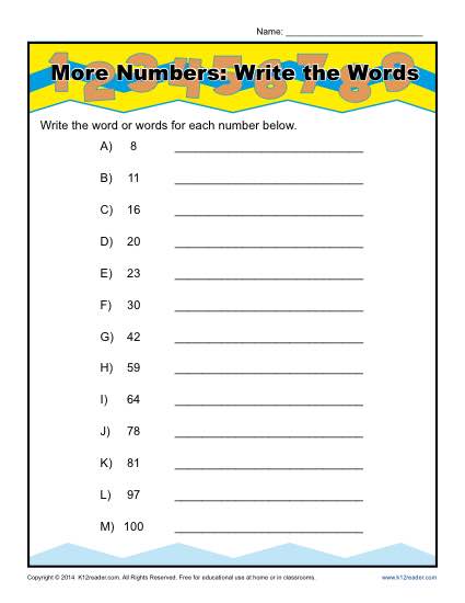 Write the Word for Each Number - Worksheet Practice Activity for Kids