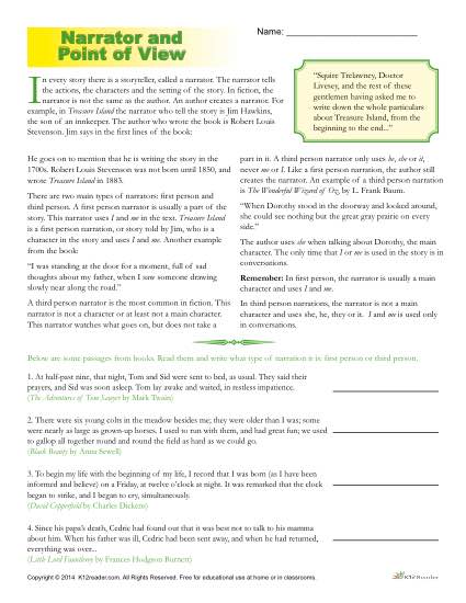 Printable Narrator and Point of View Worksheet