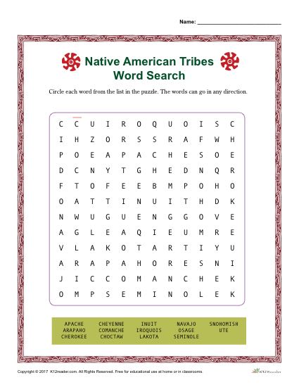 Native American Heritage Month Printable Word Search Activity