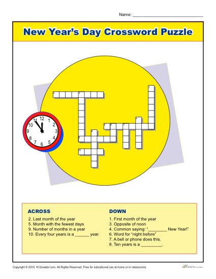 New Year's Day Crossword Puzzle Worksheet Activity for Kids