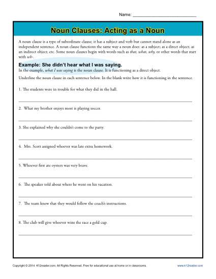Noun Clauses Worksheet Activity - Acting as a Noun