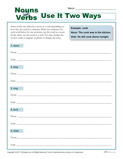 Nouns and Verbs: Use it Two Ways - Worksheet Activity