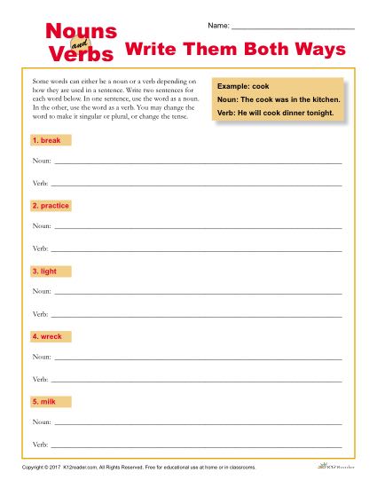 Nouns and Verbs - Write Them Both Ways - Worksheet Activity