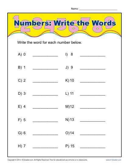 Write the Word that Represents Each Number - Worksheet Activity