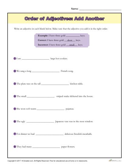 Order of Adjectives Printable Activity - Add Another!