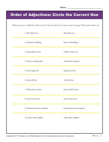 Order of Adjectives Activity: Circle the Correct one!