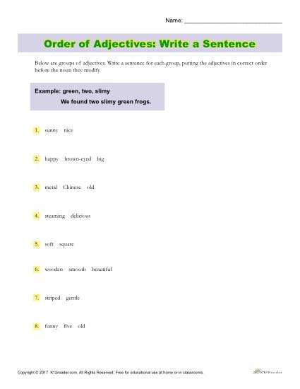 Order of Adjectives Activity - Write a Sentence