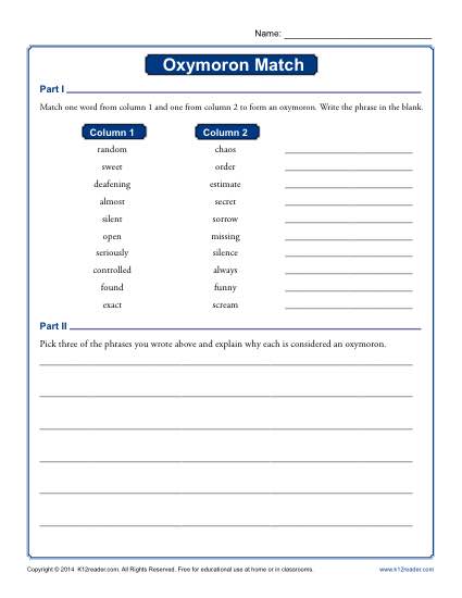 Oxymoron Match - Free, Printable Worksheet Activity