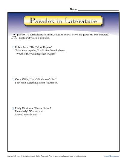 Paradox in Literature - Printable Worksheet Lesson Activty