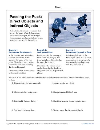 Direct and Indirect Objects Worksheet - Hockey Theme