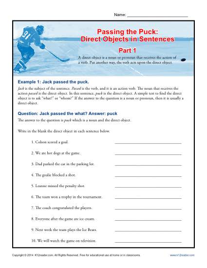 Direct Objects in Sentences - Hockey Theme Worksheet