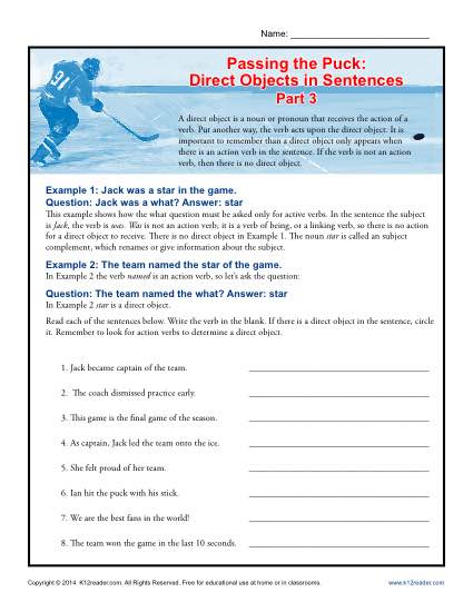 Direct Objects Worksheet with Hockey Theme