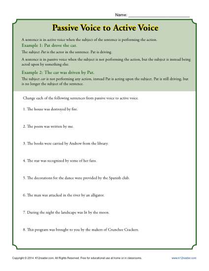 Passive Voice to Active Voice Worksheet Activity