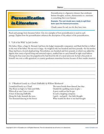 Personification in Literature - Worksheet Lesson Activity