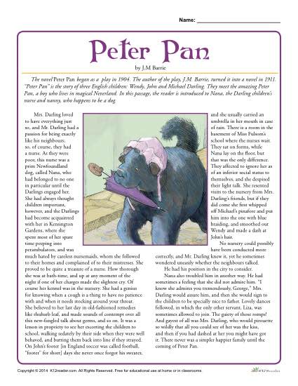 Peter Pan 4th and 5th Grade Reading Comprehension Worksheet Set