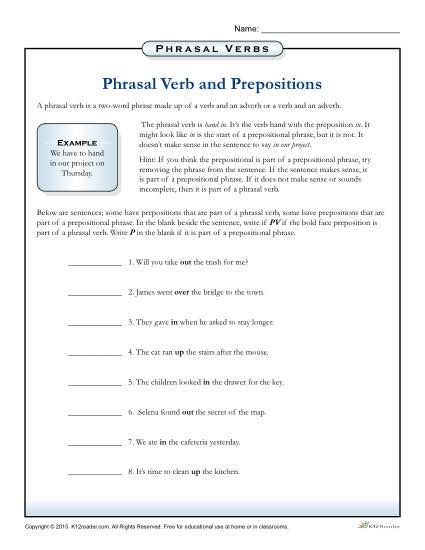 Phrasal Verbs and Prepositions Printable Worksheet