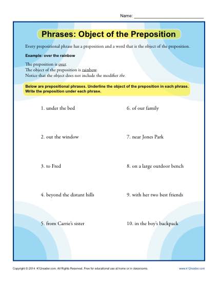 Phrases - Object of the Preposition worksheet