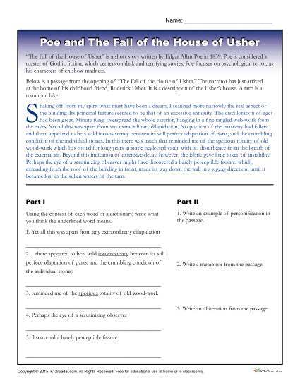 Edgar Allan Poe - Free, Printable Activity About The Fall of the House of Usher