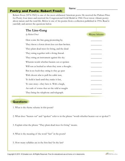 Printable Poetry Worksheet - Robert Frost