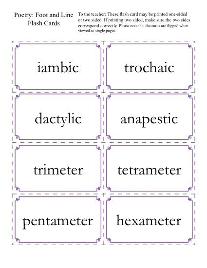 Free, Printable Poetry Worksheet - Foot and Line Flash Cards