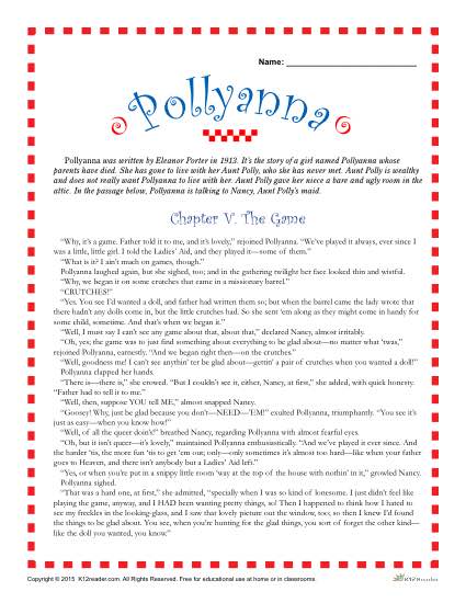Printable Pollyanna Reading Comprehension Set