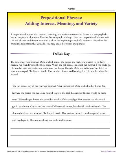 Prepositional Phrases Activity - Adding Interest, Meaning and Variety