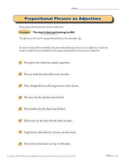 Prepositional Phrases as Adjectives | Grammar Worksheets