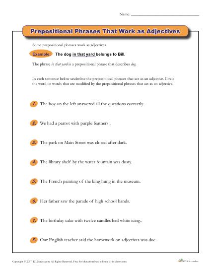 Prepositional Phrases That Work as Adjectives | Grammar Worksheets