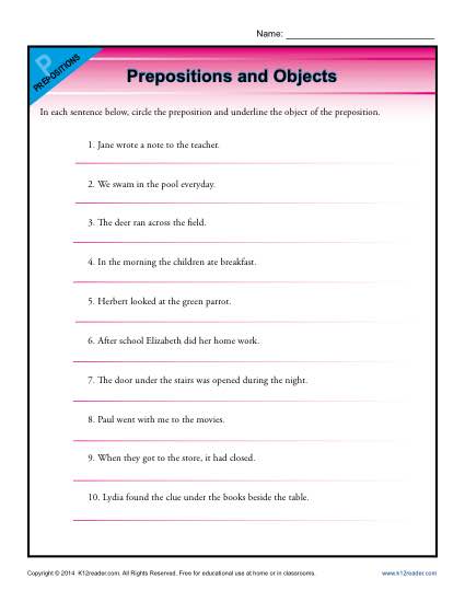 Prepositions and Object Worksheet Activity