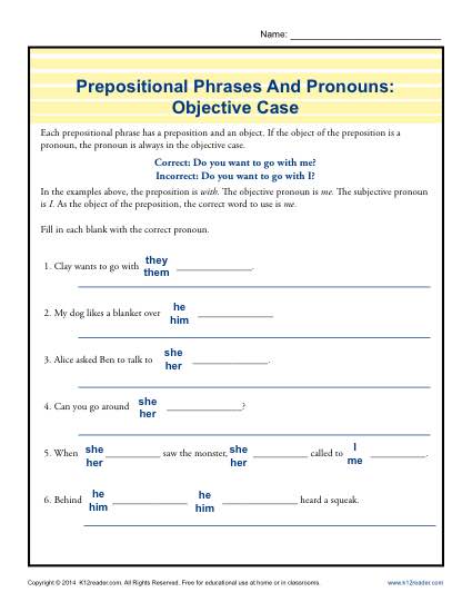 Prepositional Phrases Worksheet Activity - Objective Case
