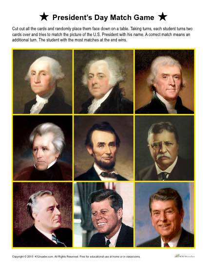 Printable President's Day Match Game Activity