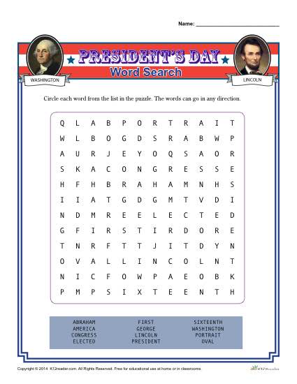 Printable President's Day Word Search Activity