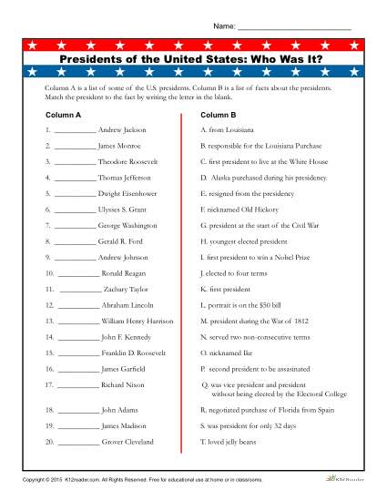 Free Predident's Day Printable Activity - Match the Phrase to the President