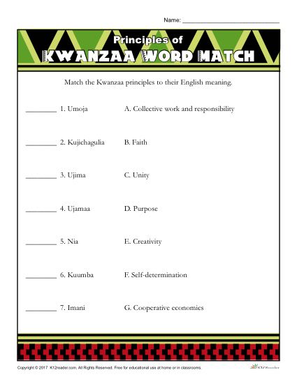Kwanzaa Printable Activity - Principles of Kwanzaa Word Match