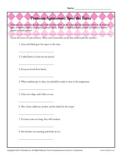 Pronoun Agreement Worksheet Activity - Spot the Error