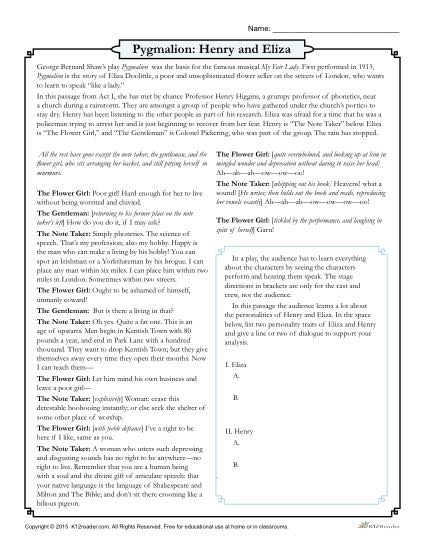 Pygmalion Reading Comprehension Activity - Henry and Eliza