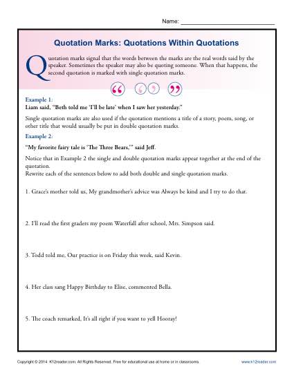 Quotation Marks Worksheet - Quotations within Quotations