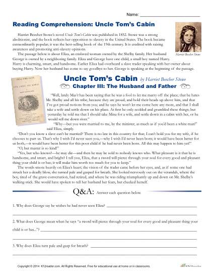 Printable Reading Comprehension Worksheet - Uncle Tom's Cabin