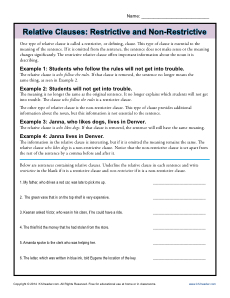 Restrictive and Non-Restrictive Relative Clauses Worksheet