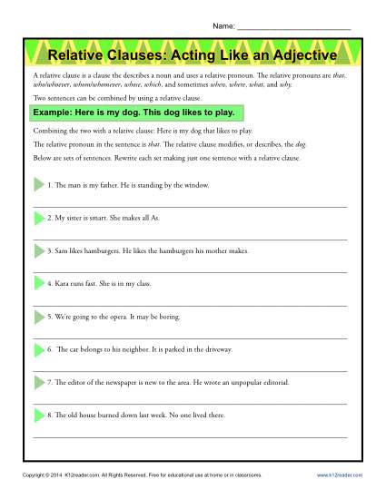 Relative Clauses Worksheet - Acting Like an Adjective