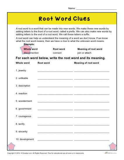 Printable Root Word Clues Activity