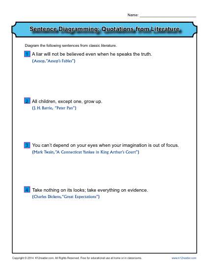 Sentence Diagramming Printable Activty - Quotations From Literature